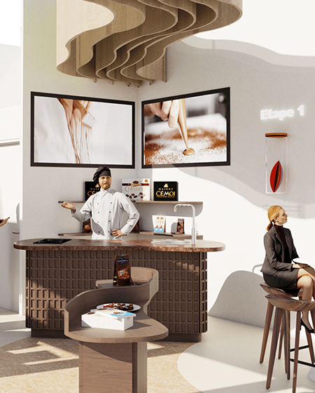 Projet Architecture Intérieure AMÉNAGEMENT D'UN STAND D'EXPOSITION POUR LA MARQUE DE CHOCOLAT "CÉMOI" - WAJDENE REZGUI / MATHILDE HOSTACHE / MANON MARMORAT / EMMA BRUN-ROLAND CREAD